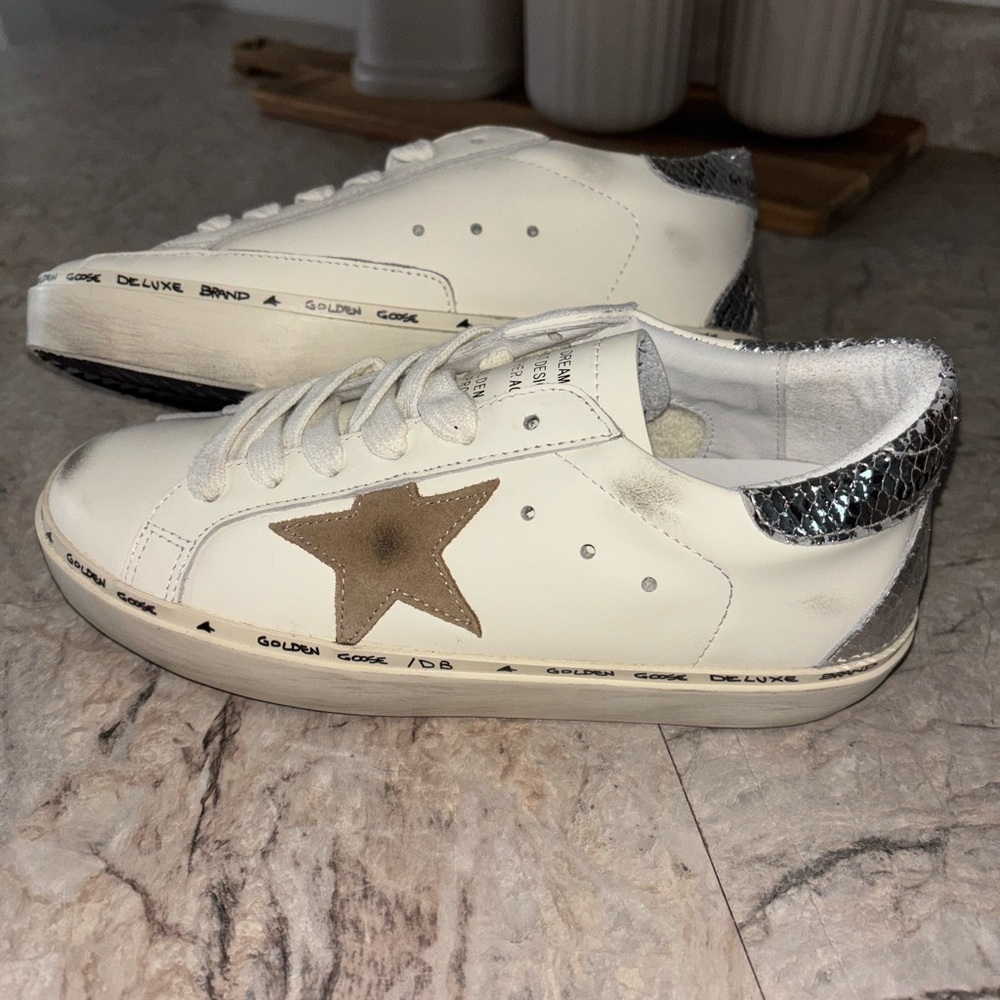 Golden Goose Cream and Silver Sneakers with Brown Star